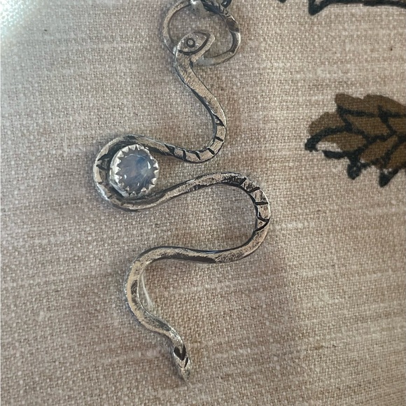 Artisan Jewelry - handmade sterling silver snake pendant with rainbow moonstone